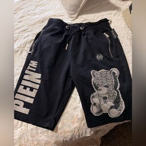 Philipp Plein Black Shorts with Silver Logo Patch